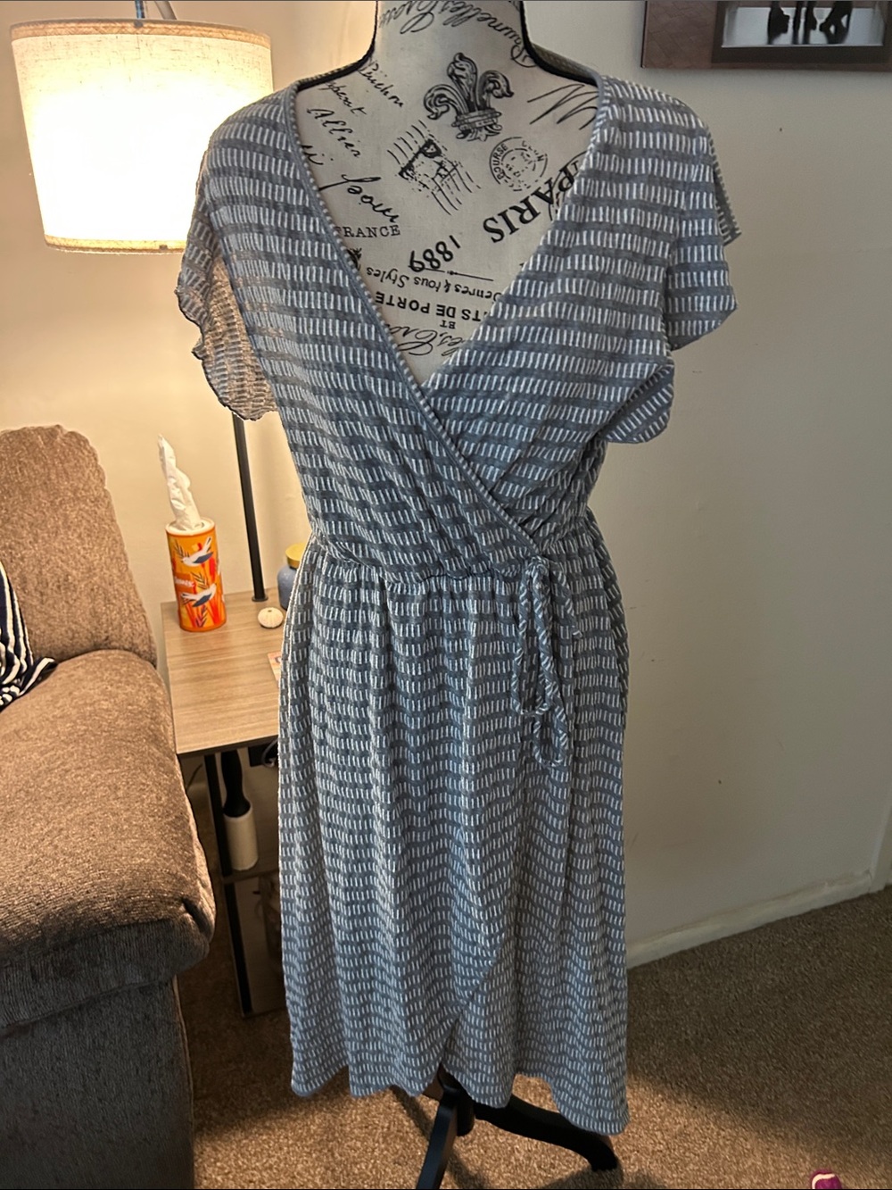 Caution To The Wind Wrap Midi Dress in Gray and White